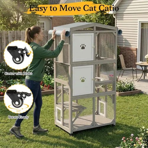Miniatura 3 de Catio - Caja para gatos de 66.2 pulgadas con ruedas y acceso a la ventana, casa grande para gatos al aire libre para balcón, patio, jaula de madera