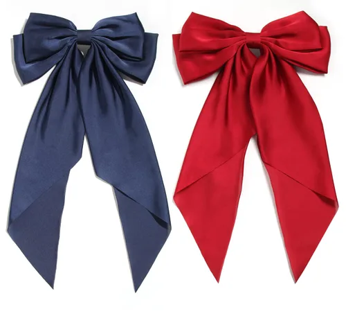 Miniatura 10 de Furling Pompoms - Lazos para el cabello para mujer, pinzas grandes de satén sedoso para el cabello, lazos para el cabello con cola larga, pasadores