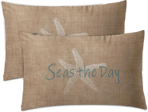 Emvency Juego de 2 fundas de almohada decorativas de lino con diseño de estrella de mar y estrella de mar en la playa, estilo vintage, estilo