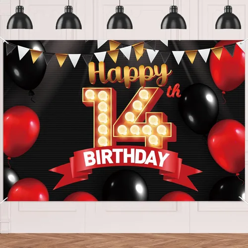FlagY-Bn-14 - Cartel de feliz cumpleaños número 14, decoración de pancarta negra, telón de fondo dorado, globos rojos y negros, decoración temática