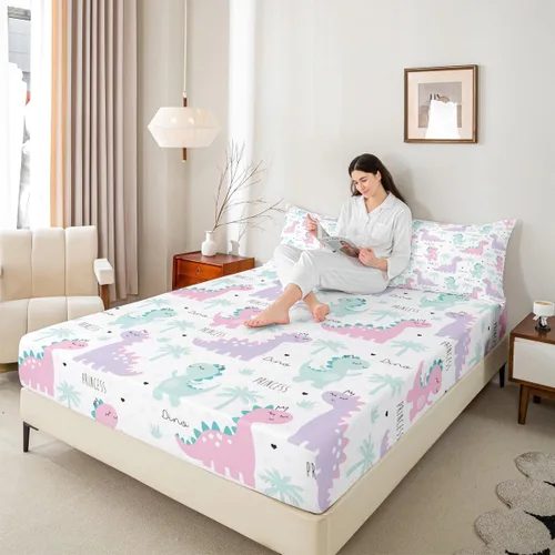 Miniatura 3 de Erosebridal Sábana bajera ajustable de dinosaurio, juego de ropa de cama de hoja de palmera para dormitorio de niños y niñas, lindo animal verde