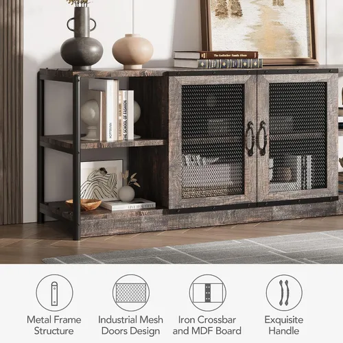 Miniatura 6 de Garvee Soporte de TV para TV de más de 65 pulgadas, centro de entretenimiento industrial con 4 estantes, armario de TV de granja con 2 puertas