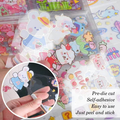 Miniatura 5 de Calcomanías de animales kawaii lindos para álbumes de recortes - 100 hojas de calcomanías transparentes de dibujos animados para diario de chatarra
