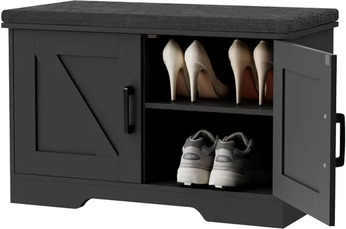 Miniatura 8 de HOMSHO Banca de almacenamiento de 2 niveles, banca para zapatos de 70 cm de ancho con cojín de asiento acolchado, banca de entrada con 2 puertas