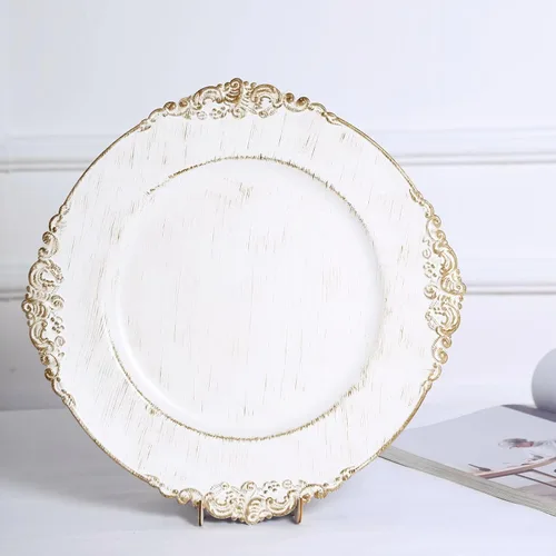 Miniatura 19 de Tableclothsfactory Paquete de 6 platos barrocos redondos de oro transparente de 13 pulgadas, borde en relieve de hojas para decoración de mesa