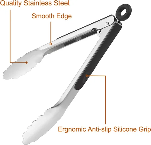 Miniatura 4 de 9 pinzas de cocina de acero inoxidable para asar, pinzas de cocina antideslizantes de metal para cocinar, ensalada y barbacoa, 7, 9 y 12 pulgadas