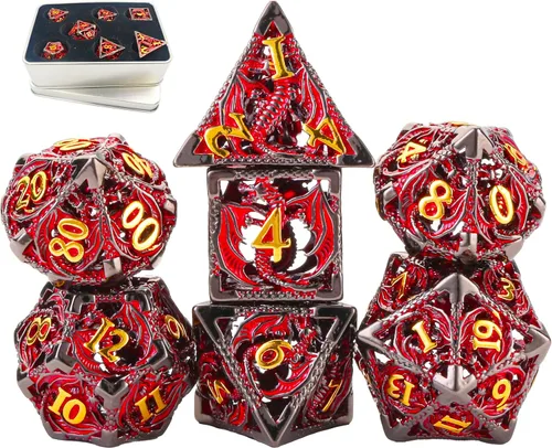 Miniatura 11 de Juego de dados de metal DND Dungeons and Dragon, juego de dados huecos poliédricos de dragón mágico de 7 piezas con caja de metal de regalo