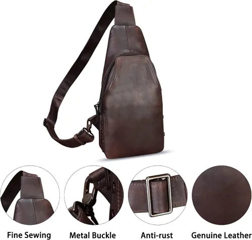 Miniatura 3 de Bolso de cuero genuino para mujeres y hombres hecho a mano de cuero bandolera mochila pecho bolso bandolera bandolera, Café, Mochilas Sling