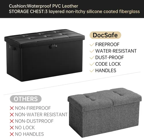 Miniatura 9 de DocSafe Banco otomano de almacenamiento con cerradura, banco plegable ignífugo de 30 pulgadas, reposapiés taburete, baúl de almacenamiento seguro