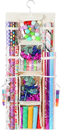 Freegrace Organizador de papel de regalo colgante de doble cara – Bolsa grande de almacenamiento de papel de regalo de 16 x 41 pulgadas – Bolsa de