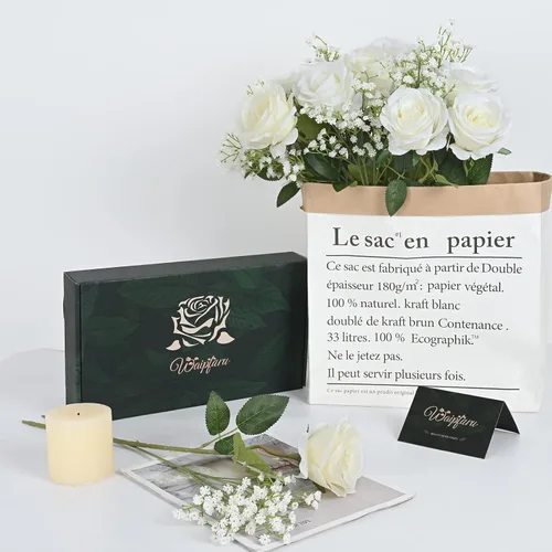 Miniatura 4 de Waipfaru 20 rosas blancas falsas de aliento de bebé, flores artificiales a granel, rosa blanca de seda con tallos largos para ramo de boda, jarrón