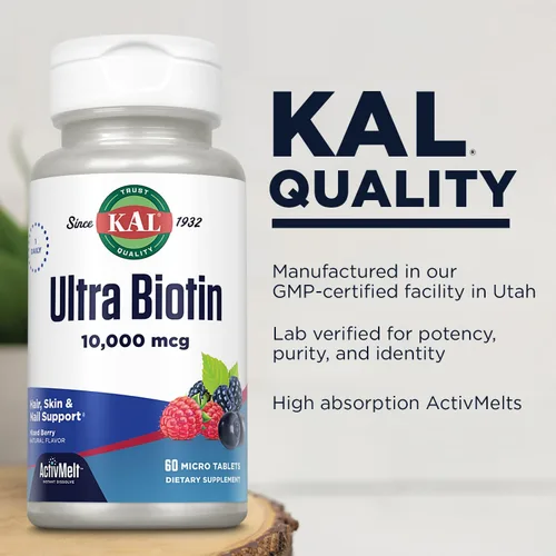 Miniatura 4 de KAL Ultra Biotin 10000mcg - Suplemento capilar de biotina para mujeres y hombres - Vitamina B7 de alta potencia - Cabello saludable, piel y uñas