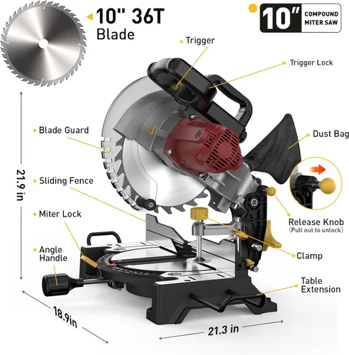 Miniatura 9 de Sierra ingletadora compuesta de 10 pulgadas, 5000 RPM, 15 amperios, bisel único 0-45° con mesa de extensión, hoja 36T, sierra eléctrica para metal
