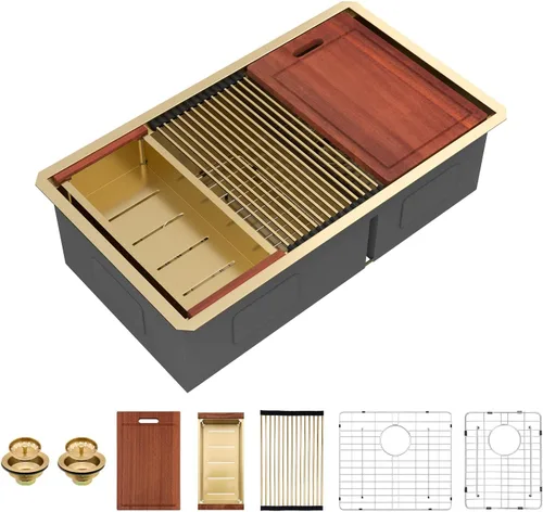 Miniatura 13 de Sarlai 28 Fregadero de cocina bajo encimera de doble tazón - Fregadero bajo encimera de acero inoxidable de 28x19 pulgadas de calibre 16, con repisa