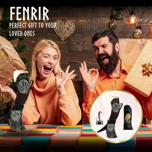 Miniatura 6 de FENRIR Cuerno vikingo para beber con soporte 16 oz – Regalos para hombres, papá, esposo – Taza natural de cuerno de buey con abrebotellas de Thor