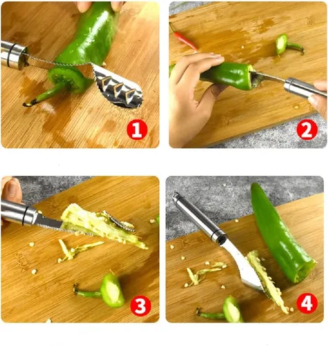 Miniatura 3 de Yiasangly Jalapeño - Descorazonador de pimienta de acero inoxidable, herramienta de cocina con rebanada dentada y mango de goma para barbacoa
