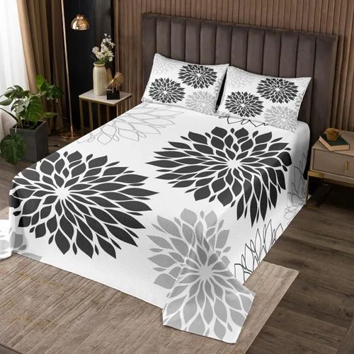 Erosebridal Dahlia - Colcha floral de tamaño individual, colcha geométrica de flores para mujeres y hombres, color gris y negro, colcha botánica de