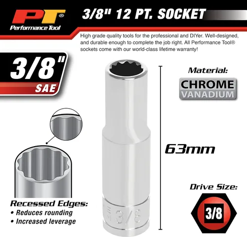 Miniatura 3 de Performance Tool W38612 Enchufe de 12 puntos, unidad de 3/8 pulgadas, 3/8