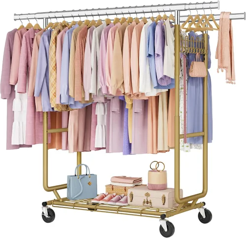 Miniatura 13 de Hoctieon Perchero de doble varilla de montaje en 2 minutos, estante resistente para ropa con ruedas, plegable para uso comercial, barra extensible