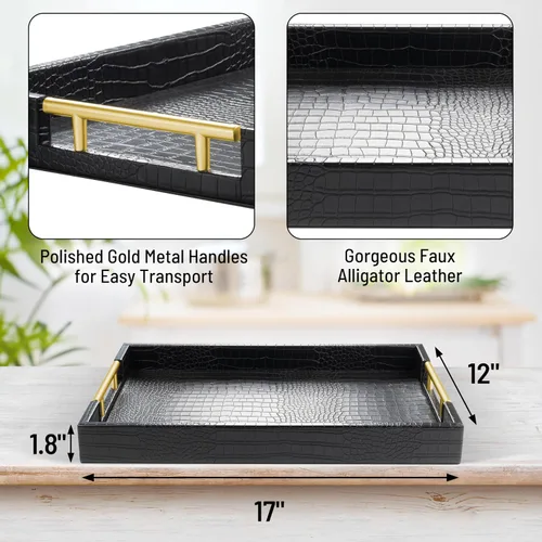 Miniatura 2 de ATZYmolin - Bandeja de servicio de madera de 17" x 12" con asas de metal dorado pulido, bandeja decorativa de madera rectangular para otomano