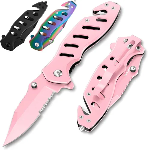 Miniatura 11 de Cuchillo táctico legal para hombres y mujeres - Hoja serrada de 2.68 pulgadas - Pequeños cuchillos de bolsillo negros con rompecristales y cortador