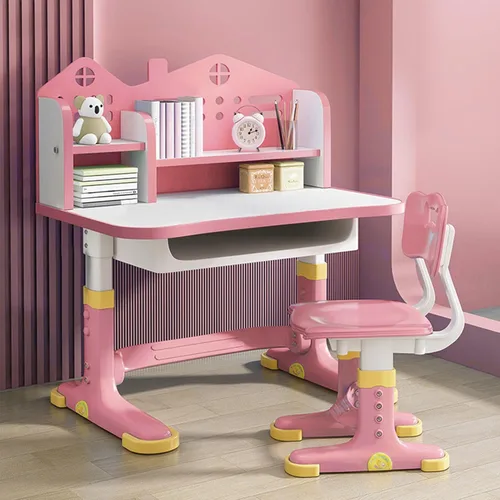 Miniatura 6 de Juego de escritorio y silla ajustable para niños con almacenamiento, cajones, estantería, mesa de escritura y tareas para niños, escritorio