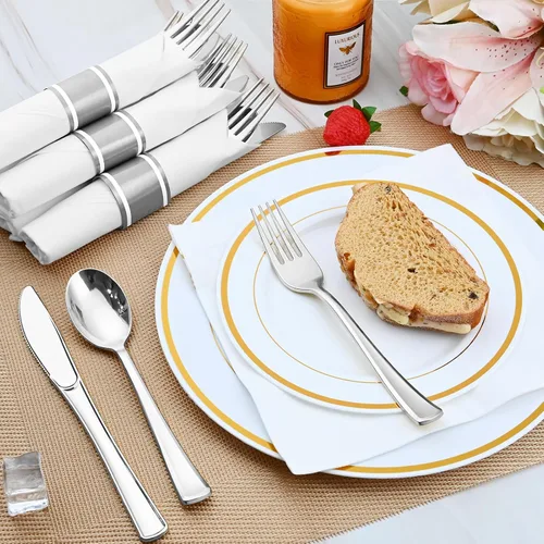 Miniatura 4 de Juego de cubiertos de plástico plateado preenrollado, paquete de 300 cubiertos de plástico envueltos con servilletas, tenedores, cuchillos