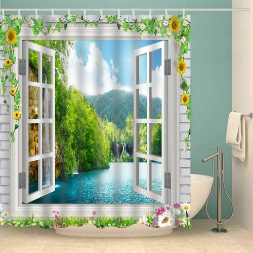 Miniatura 2 de Dodou Cortina de ducha de playa con diseño de girasoles en 3D, diseño de cascada, paisaje, impermeable, de poliéster con ganchos