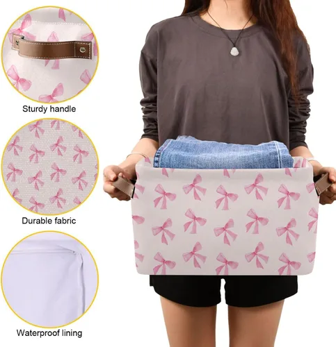 Miniatura 8 de Cesta de almacenamiento plegable con lazo rosa, impermeable, con asas de cuero, para clósets, oficinas, dormitorios, cestas de regalo, 1 unidad