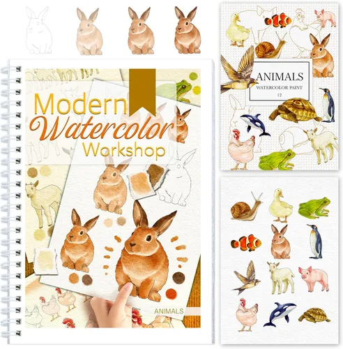 Libro de trabajo de acuarela paso a paso – 12 páginas para colorear de acuarela – 100% algodón 300 gsm/140 lb papel de acuarela – Regalo para