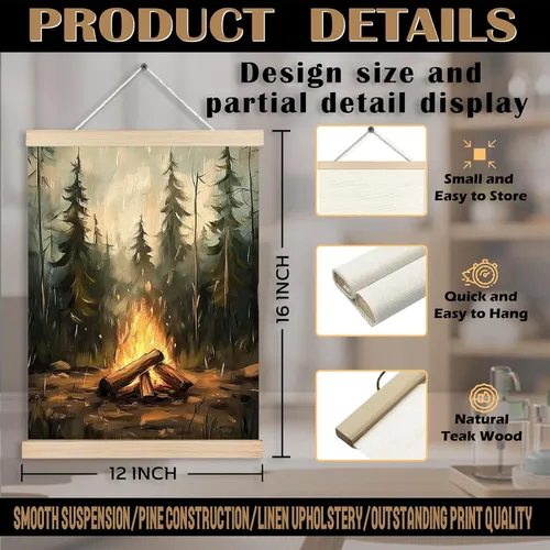 Miniatura 7 de Arte de pared para el hogar, bosque rústico, fogata, campamento, arte de pared, paisaje de naturaleza de montaña oscura, escena nocturna, lienzo