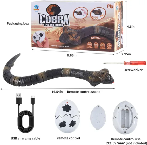 Miniatura 7 de Serpientes de control remoto realistas RC Cobra de broma Cobra recargable con sensor inteligente juguete para gatos con controlador infrarrojo Marrón