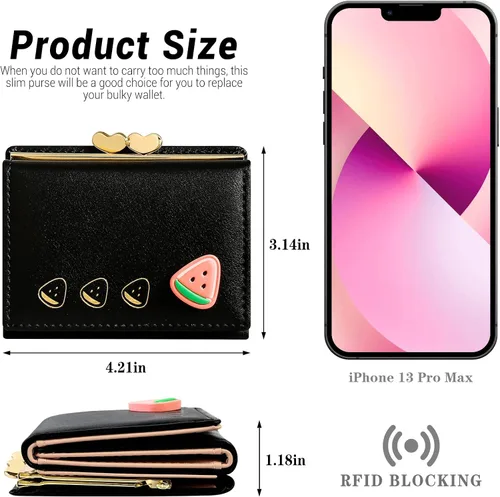 Miniatura 3 de YINHEXI Cartera para mujer, tarjetero para mujer, pequeño bolso triple con bloqueo RFID, bonita cartera pequeña de cuero con bolsillo para mujeres