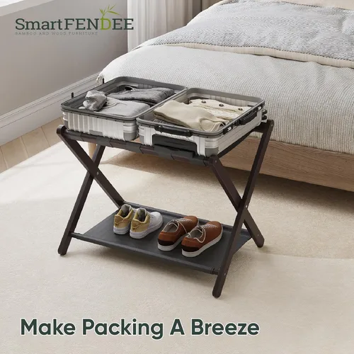 Miniatura 6 de Smart FENDEE Portaequipajes, portaequipajes plegable para habitación de invitados, soporte de maleta de bambú marrón con capacidad para hasta 131