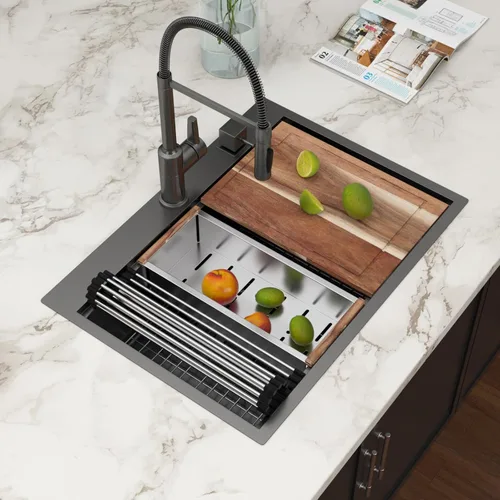Miniatura 21 de Fregadero de cocina de 25 pulgadas, fregadero de un solo cuenco, color negro mate, calibre 18, 25 x 22 pulgadas, acero inoxidable, montaje superior