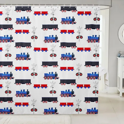 Cortina de baño de tren de dibujos animados, cortina de ducha de tren rojo y azul para niños, juego de cortina de ducha para vehículos para niños,
