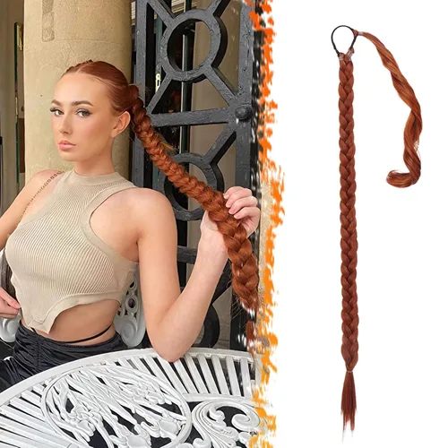 Miniatura 39 de Barsdar Extensión de 26 Pulgadas de Cola de Caballo Trenzada Larga con Banda Elástica - Extensiones de Cabello en Cola de Caballo Recta y Elegante