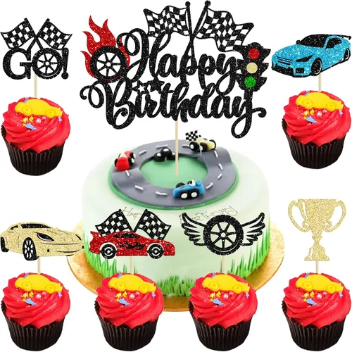 Miniatura 12 de Gyufise 1 pieza de decoración de pastel de cumpleaños con dos banderas negras con purpurina a cuadros para coche de carreras de 2º cumpleaños