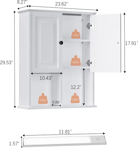 Miniatura 3 de HAIOOU Armario de pared de baño con luz LED con sensor de movimiento, armario de madera para medicamentos, armario de almacenamiento sobre inodoro
