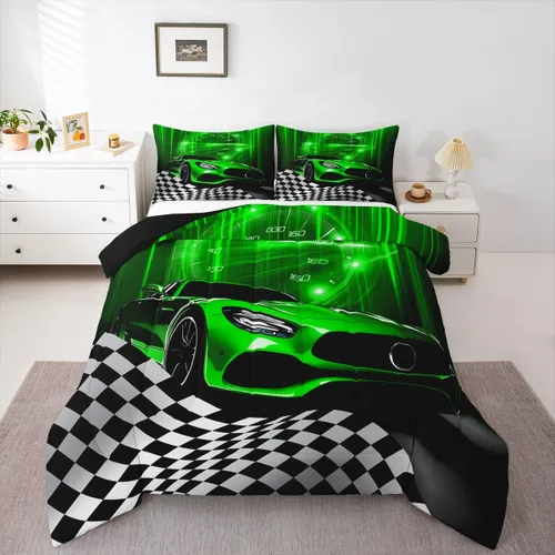 Miniatura 24 de Erosebridal Juego de edredón individual de motocicleta de carreras para niños, juego de ropa de cama de panal con luces de neón azules, motocross