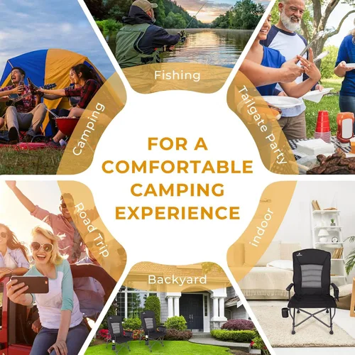 Miniatura 6 de Sillas de campamento para adultos, respaldo ajustable, silla de campamento plegable de gran tamaño, soporta 350 libras para exteriores con Negro