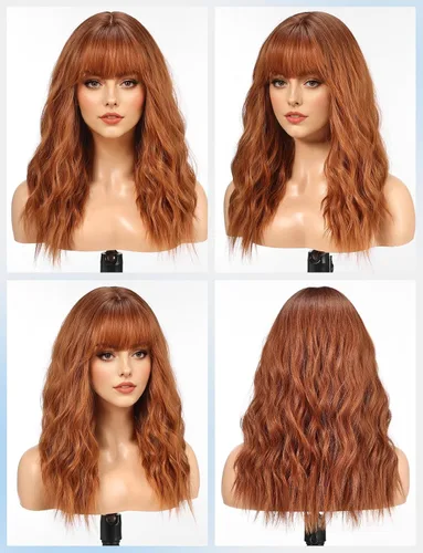 Miniatura 4 de HAIRCUBE Peluca larga con flequillo, pelucas sintéticas onduladas para mujer, color castaño rojizo