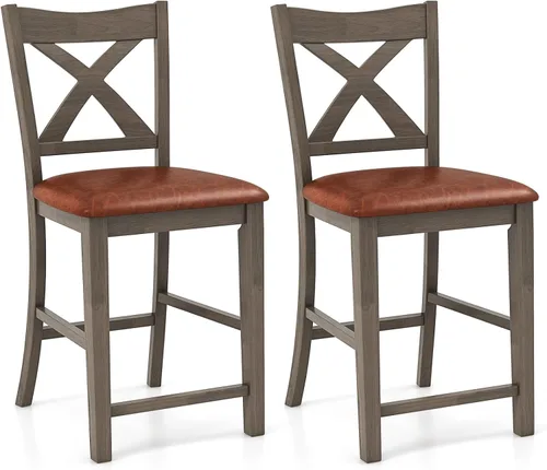 Miniatura 16 de Giantex 24" Bar Stools Set of 2, Farmhouse Counter Height Barstools w/Footrest, Cross Back, Comfortable Linen Cushion, Upholstered Wood Bar Chairs