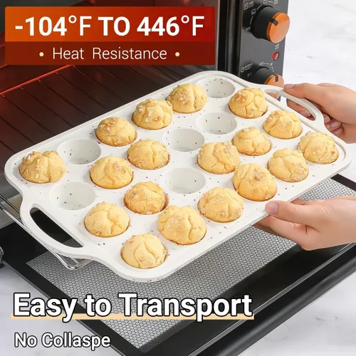 Miniatura 6 de FUNBAKY Molde de silicona para mini magdalenas, marco reforzado con metal, 24 tazas, antiadherente, moldes para mini cupcakes con asas, fáciles
