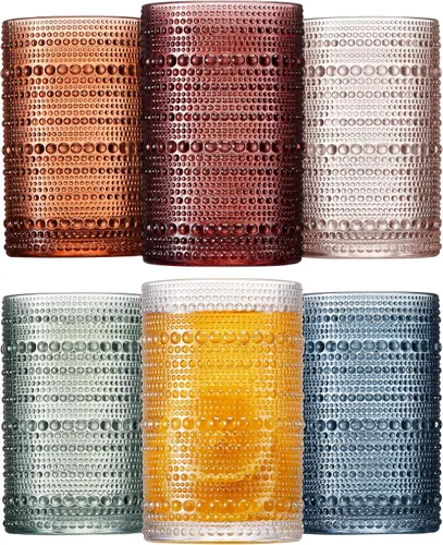 Mfacoy Juego de 6 vasos de beber de vidrio acanalado de colores, 12 onzas, cristalería de cocina vintage, vasos de vidrio con cuentas en relieve,