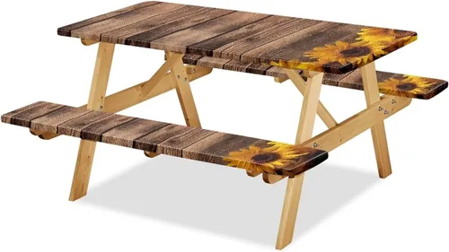 Miniatura 18 de Juego de 3 piezas de mantel de picnic con hojas de arce de pavo y girasol, lavable a máquina, fácil de instalar, funda para mesas y asientos Girasol