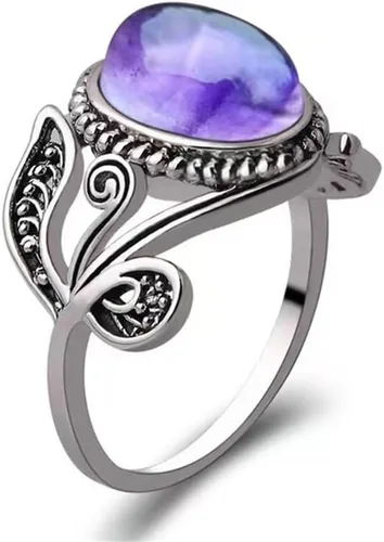 Anillo de amatista de plata de ley 925 tailandesa vintage con piedra natal de febrero de corte redondo, anillo de piedra grande, anillo de