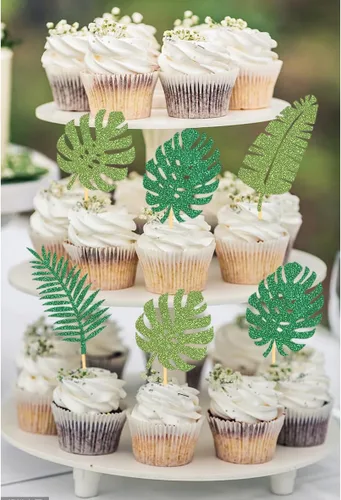 Miniatura 5 de 24 adornos tropicales con purpurina para cupcakes, hojas de palmera tropicales, decoraciones de Aloha para verano, temática hawaiana, baby shower