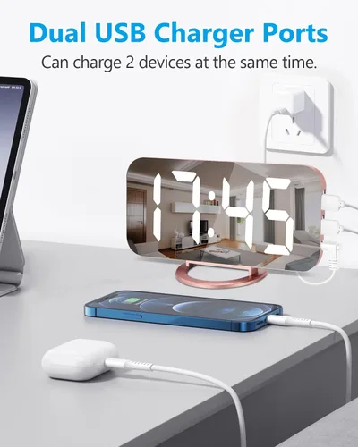 Miniatura 3 de Reloj despertador digital, relojes electrónicos con espejo LED de 7 pulgadas, con 2 puertos de carga USB, modo de suspensión, ajuste automático