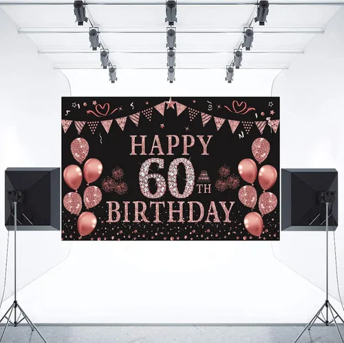 Miniatura 8 de Trgowaul Decoraciones de cumpleaños número 60 para mujer, pancarta de fondo de cumpleaños de oro rosa, 5.9 x 3.6 pies, suministros de fotografía